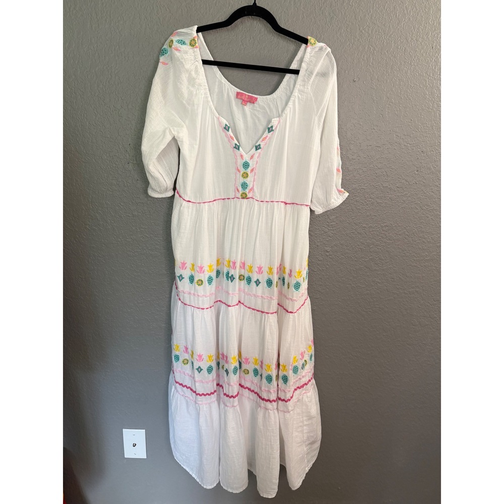 Simply Southern White Gauze Dress L Embroidered Turtle Pineapple Tiered Midi - Picture 2 of 10